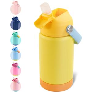 Kerilyn 12oz Kids Water Bottle, Stainless Steel Insulated Water Bottle For Kids, Toddler Cup With Straws Leak-proof, Kids Water Bottles For School Boys Girls, BPA Free, Yellow