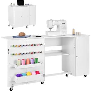 VEVOR Folding Sewing Table, Multipurpose Sewing Machine Table with Cabinet, Compact Design, Wheels, Wooden Pegs, Storage Trays and Shelf, Magnetic Door, Craft Station and Side Desk for Home, White