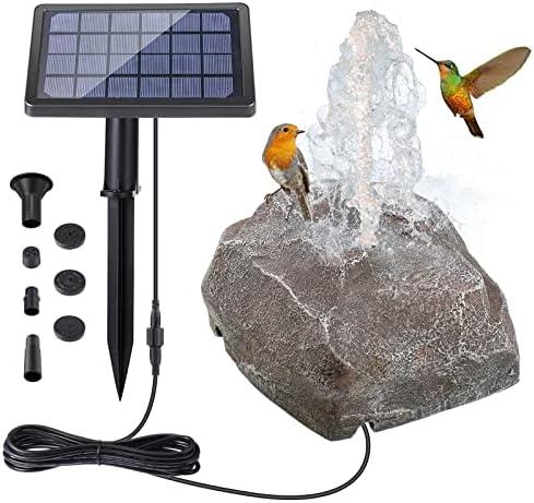 Solar Fountain Bird Bath with Solar Panel, Rockery Granite Water with 5 Nozzles Solar Water Fountain for Birdbath Outdoor, Pond, Patio Garden, and Fish Tank
