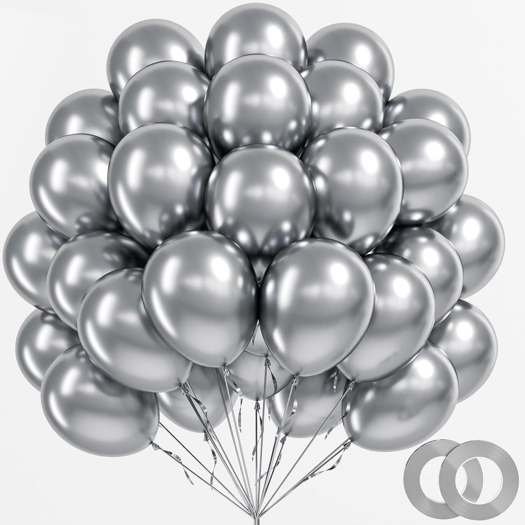 BAUANOOY 100pcs Metallic Silver Balloons 12 inch, Chrome Silver Balloons with Ribbon for Birthday Graduation Baby Shower Wedding Party Decorations