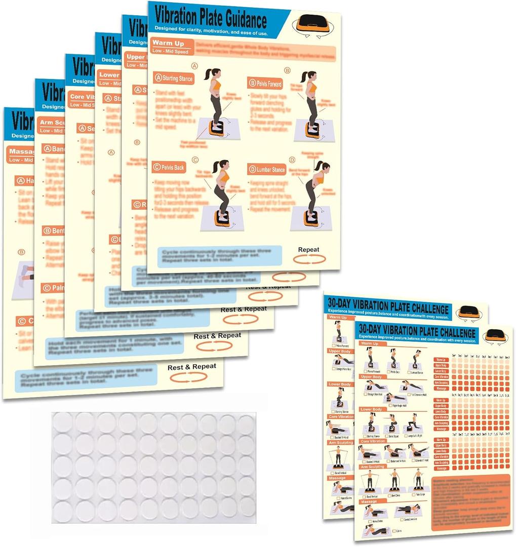 Whole Body Vibration Plate Exercise Poster Set - 6 Workout Guides & 2 Customizable 30-Day Plans for Home & Gym Use
