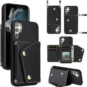 Luxury Wallet Case for Samsung Galaxy S25 Ultra with 5 Card Slots Thin Slim Flip Purse & Shoulder Strap,PU Leather Credit Card Holder Stand Accessories Cell Phone Cover for Women Men Black