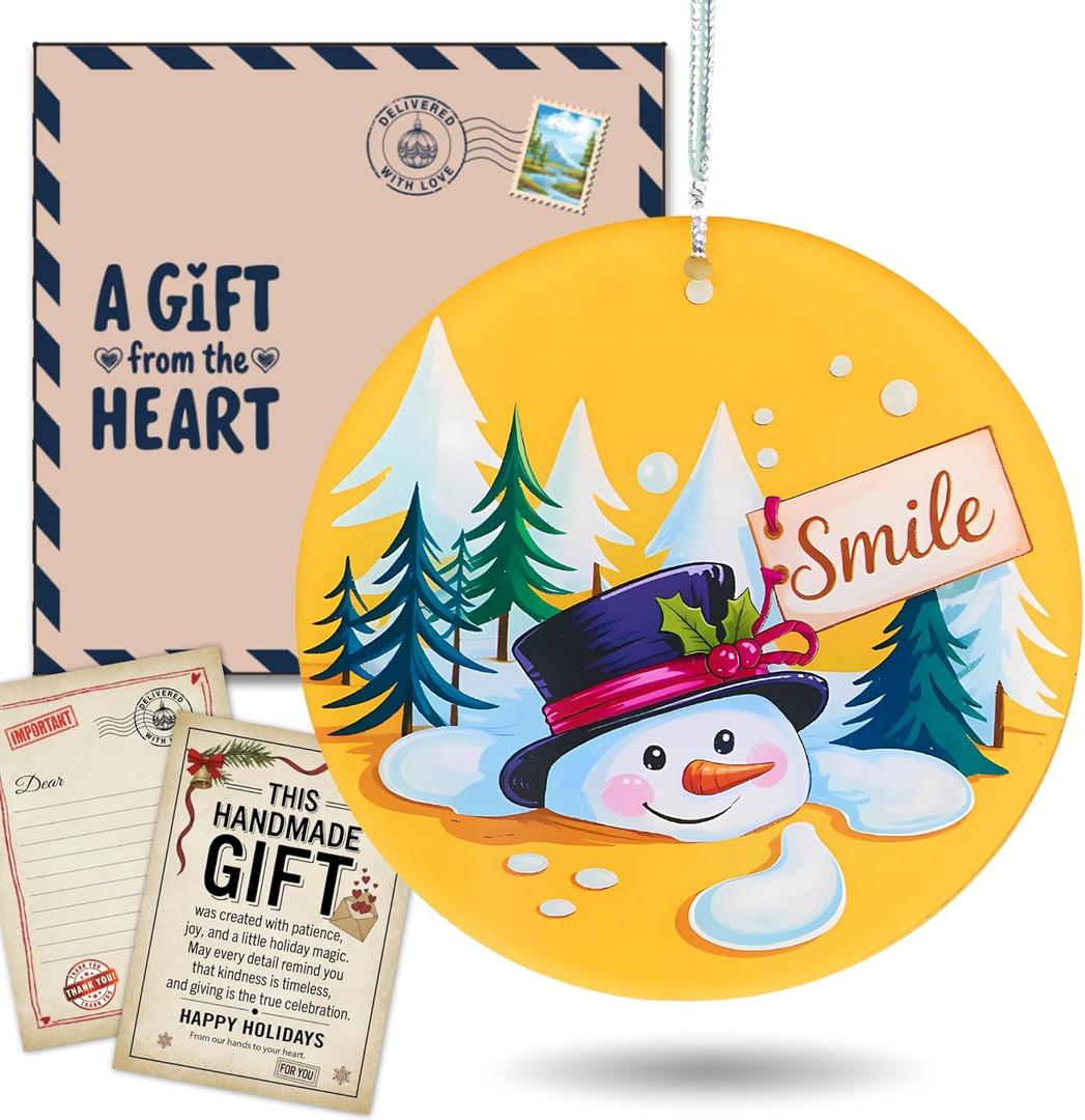 2 x 'Smile' Snowman Ornament for Christmas & Thanksgiving Ornaments, Cheerful Holiday Tree Decoration, Fun & Silly Acrylic Keepsake Gift for Kids, Family, Friends.