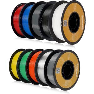 Kingroon PLA 3D Printer Filament, 10 Rolls, Dimensional Accuracy +/- 0.02 mm, 1kg Spool(2.2lbs), 1.75 mm10KG Ten Colors Black White Grey Red Blue Green Orange Transparent Silver Yellow