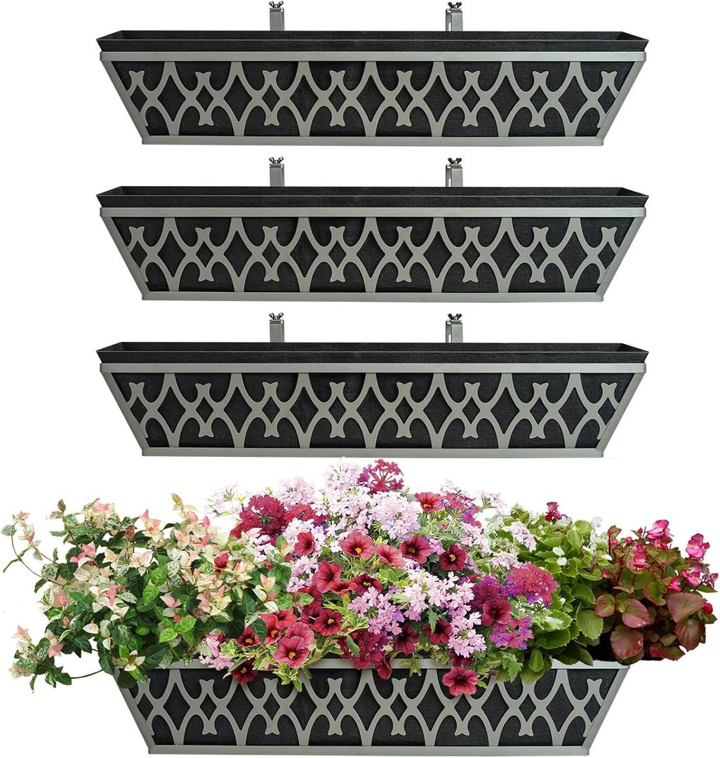 4 Pack 24 Inch Window Boxes Planters Railing Planter Box with Adjustable Brackets & Non-Woven Fabric Plant Grow Bags Deck Railing Planter Boxes Balcony Hanging Flower Box for Outdoor Plants