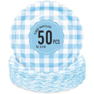 50 Pcs Light Blue Scalloped Paper Plates - 9 Inch Gingham Paper Plates Checkered Party Plate - Disposable Plaid Decorative Dinner Dessert Serving Plate - For Baby Shower Wedding Birthday