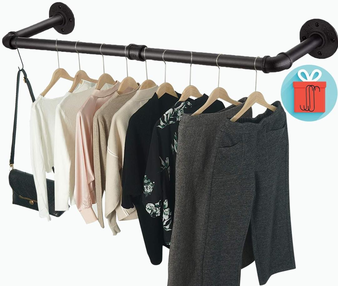 Clothes Rack Wall Mount with 3 Hooks, 36''L Clothing Bar for Wall, Industrial Pipe Clothes Rod, Heavy Duty Iron Garment Rack, Clothes Hanging Rod Bar for Laundry Room Closet Storage, 36''L 1Pack