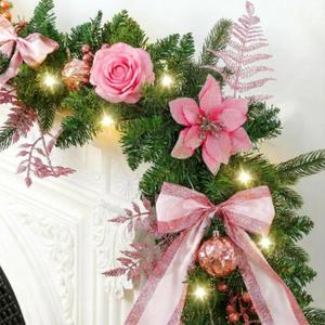 Syhood 6.5 ft Pre-lit Valentine's Day Garland for Mantle with 40 LED Light Battery Operated Lighted, Large Poinsettia Bow Norfolk Pine Garlands for DIY Fireplace Stair Valentine's Day Decor(Pink)