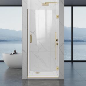 Hinged Shower Door, 32" W x 76" H Single Swing Pivot Framelss Shower Door, 3/8" (10mm) Tempered Glass with Nano Coating, Stainless Handle, Glass Door for Walk-in Shower - Brushed Gold