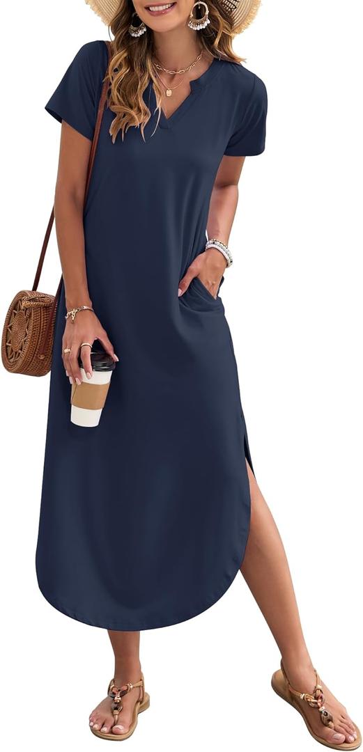MISFAY Women's Summer Casual Maxi Dress 2025 Short Sleeves V Neck Loose Sundress Split Long Beach T Shirt Dress Vacation Outfits(Navy,2XL) (Blue, XXL)