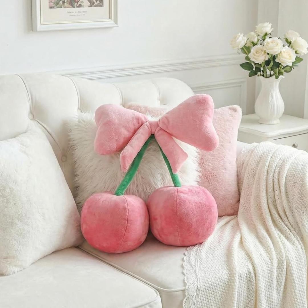 Beeveer Bow Cherry Throw Pillow Aesthetic Cute Coquette Room Decor Funny Preppy Stuff Gifts for Teen Girl Bedroom Living Room Sofa Bed Chair Decoration(Pink,Small)