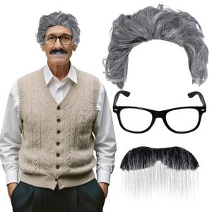 3pcs Old Man Costume Kit Grandpa Wig Glasses and Fake Beard for 100th Day Halloween Cosplay Accessories