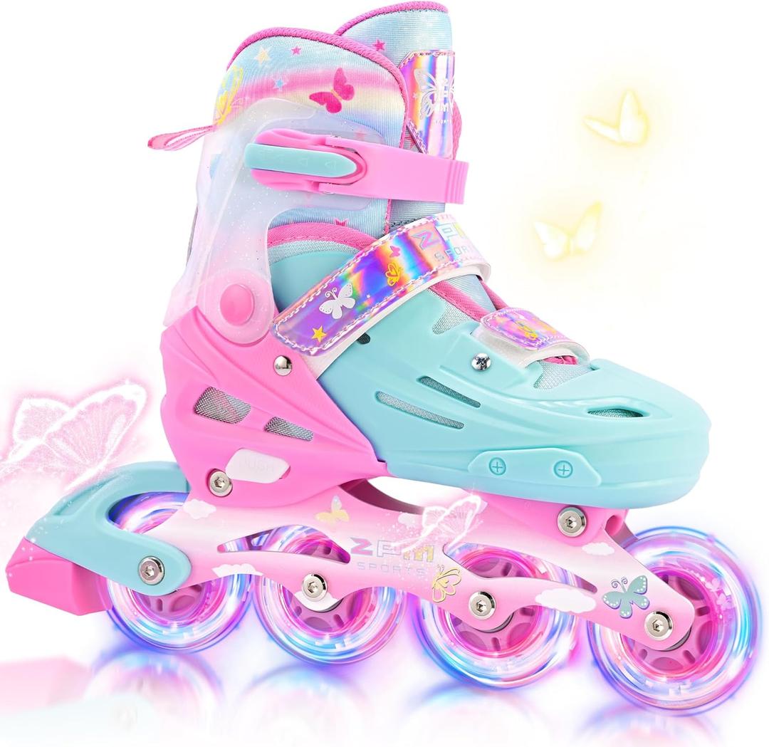 2PM SPORTS Inline Skates for Kids Boys Girls Ages 5-8 8-12 3-5 4-8 6-12 with Light Up Wheels, Adjustable Children's Roller Skates Blades for Toddler Beginner Youth Indoor Outdoor, Size: Large - Youth (Pink Green)