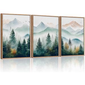 HLNIUC Misty Forest Wall Art Canvas,Landscape Mountains Wall Art,Modern Foggy Pine Artwork,Boho Nature Artwork Watercolor,Pine Tree Painting,Mist Wilderness Prints for Living Room Bedroom 16x24x3