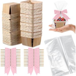 Kigley 24 Set Wooden Gift Baskets Empty Small Gift Basket with Cellophane Bags Bows Basket Kit for Easter Spring DIY Picking Fruit Birthday Baby Shower Wedding Bow Party (4 Inch,Pink)