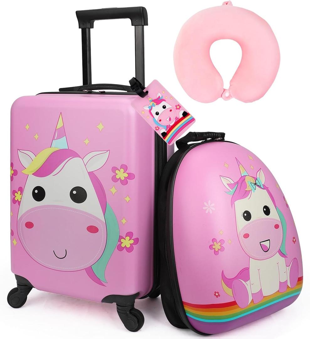 Emissary 18” Unicorn Carry On Suitcase With Wheels For Kids Girls With 14” Backpack - Hard-Sided Rolling