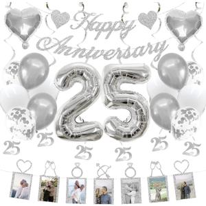 Concico 25th Anniversary Decorations Party Supplies Set of Happy Anniversary Photo Banner and Balloons,Hanging Swirls for 25 year Wedding decor(silver)