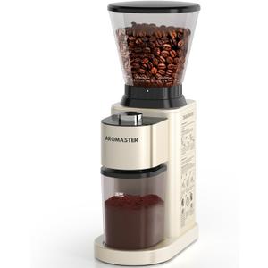 Aromaster Coffee Bean Grinder with 48 Gind Settings, Conical Burr Coffee Grinder for Home Use,Stainless Steel,40 Seconds Adjustable Timer,Anti-static,Easy to Clean with Brush, Beige