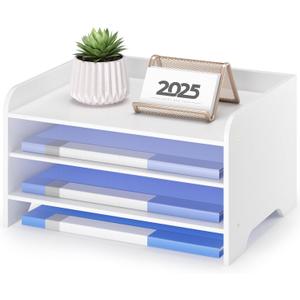 Desk File Organizer 4-Tier Desktop Paper Mail Organizer Document Holder for Home Office Supplies, Office Desk Accessories & Workspace (White)