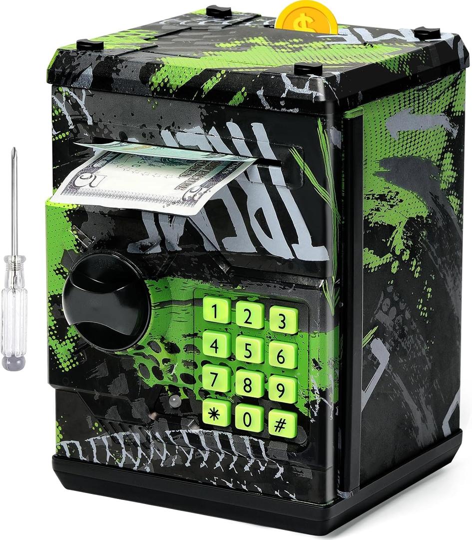 ATM Piggy Bank for Boys Girls, Vcertcpl Mini ATM Coin Bank Money Saving Box with Password, Kids Safe Money Jar for Adults with Auto Grab Bill Slot, Great Gift Toy Bank for Kids (Large, Green)