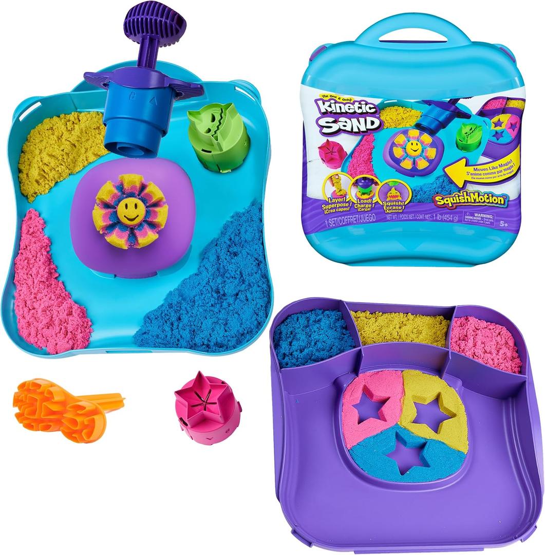 Kinetic Sand, SquishMotion with 1lb Pink, Yellow & Blue Play Sand, Stamper & 5 Tools, Storage Case, Sensory Toys for Kids Ages 5 and up (Squish Motion Playset)