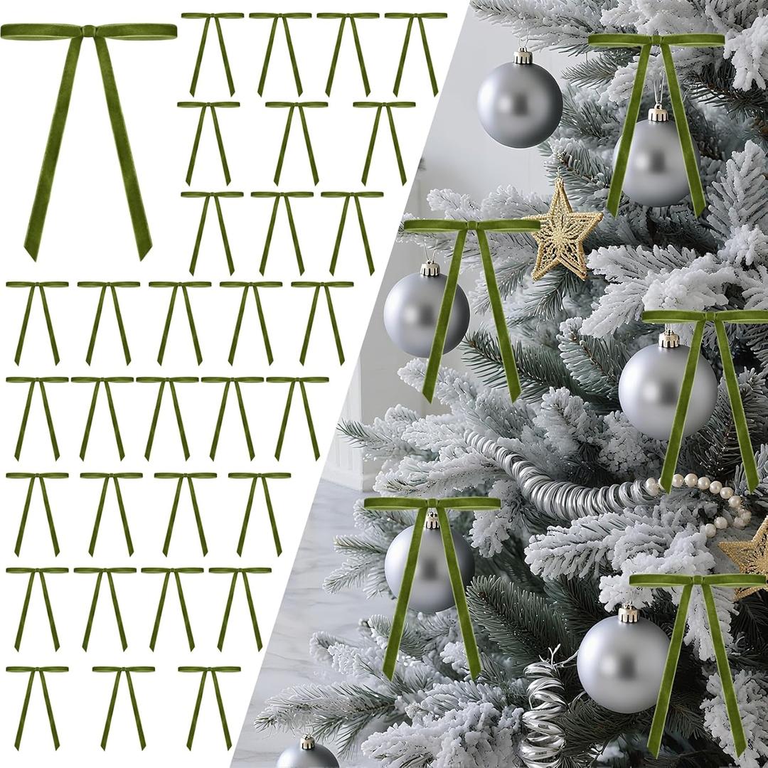 2 x Senjie 30Pcs Velvet Bows for Christmas Tree, Vintage Rustic Christmas Ribbon Bows Ornaments for Garland, Wreath, Gift Wrapping and Indoor Outdoor Holiday Party Decorations (Olive Green, 5" x 7") (Width of 3/8")