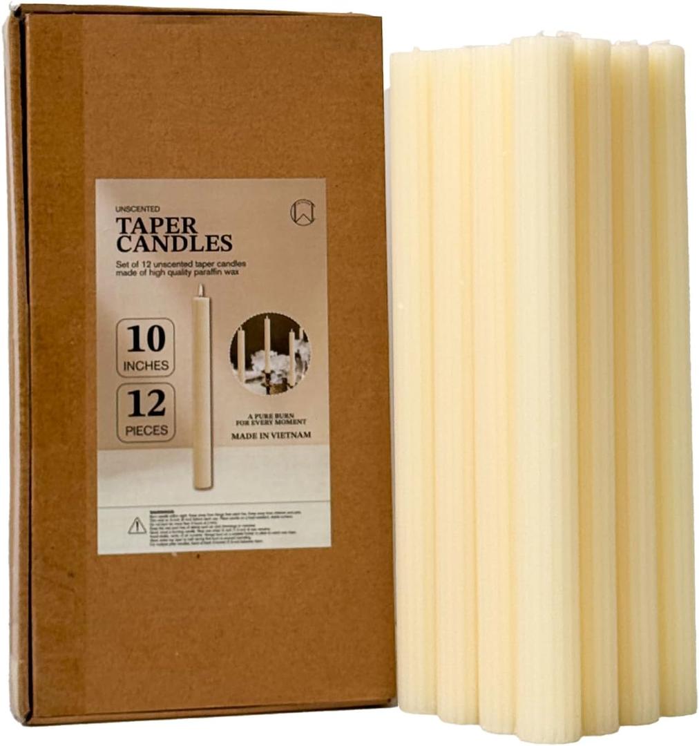 CW Studio 0.78x10 Inch Unscented Ribbed Taper Candles  Elegant Fluted Design, 11-Hour Burn, Dripless, Perfect for Home Decor, Weddings, Events & Dinners (12, Ivory)