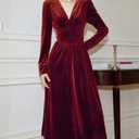 xxxiticat Women's Puff Sleeve Velvet Dress Long Lantern Sleeve V Neck Button Ruffle Pleated Single Breast Maxi Party Dress(WR,M) Wine Red
