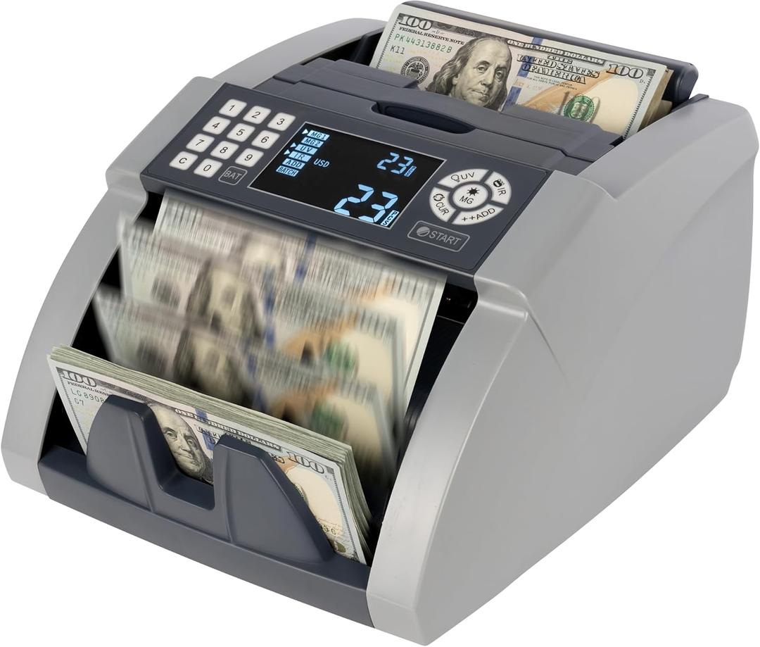 Perco Bill Counter and Counterfeit Detector Machine  Money Counter Machine with UV/MG1/MG2/IR, Voice Alerts, Keypad, Add & Batch Modes, Volume Control, Multi-Currency (USD/EUR/INR), LCD Display