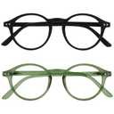 OPULIZE REY Reading Glasses for Women Men, Retro Round Frame with Spring Hinges, Matte Black, Green +1.50 (Pack of 2)