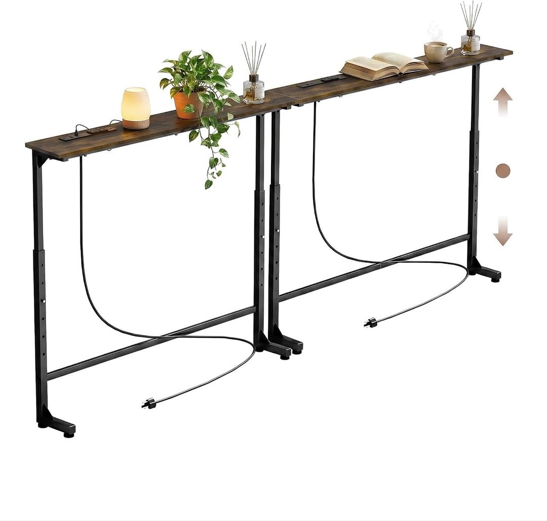 Adjustable Height Narrow Sofa Table with Built-in Power Outlets, 90" Long Console Table Behind Couch Table with Charging Station Skinny Entryway Table for Living Room & Hallway (Dark Rustic Brown), 90IN
