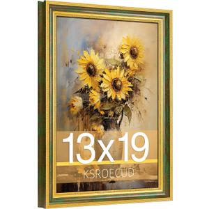 13x19 Picture Frame, HD Real Glass Vintage 13x19 Photo Frame, 13 by 19 Poster Frame with Gold Vintage Green Texture Border Horizontal & Vertical Display for Tabletop or Wall Decor (1 Pack)
