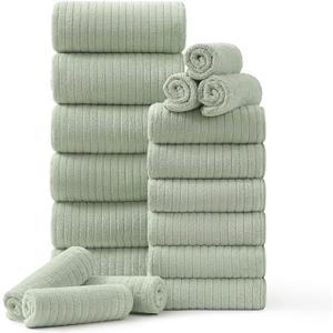 18 Piece Family Bath Towel Set Include 6 Bath Towels,6 Hand Towels and 6 Washcloths Soft Bathroom Towel with Hanging Loops,Highly Absorbent Quick Dry Towels Set for Bathroom,Hotel and Spa-Green