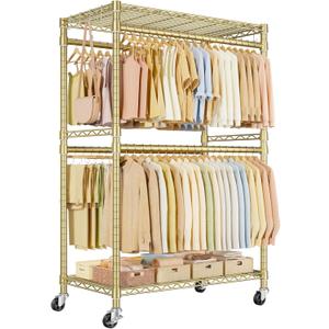 ULIFHOME P4 Plus Rolling Clothes Rack Heavy Duty, Clothing Racks for Hanging Clothes, Free Standing Garment Racks with Wheels, Portable Closet Rack 45'' W 20.5'' D 80.5'' H, Max Load 570 Lbs, Gold