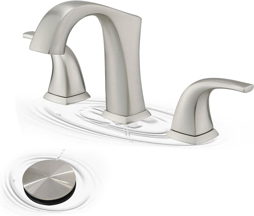 Brushed Nickel Bathroom Sink Faucet 3 Hole 8 Inch Widespread Bathroom Faucet Farmhouse Lavatory Vanity 2 Handle with Pop Up Drain Set Mixer Tap Bath 3 Piece