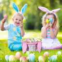 Hushee Easter Willow Gift Basket 11"7" Easter Wicker Bunny Baskets with Folding Handle Plaid Liners for Kids Toys Eggs Hunt Wood Bunny Bucket Decorations(Pink and White Plaid)