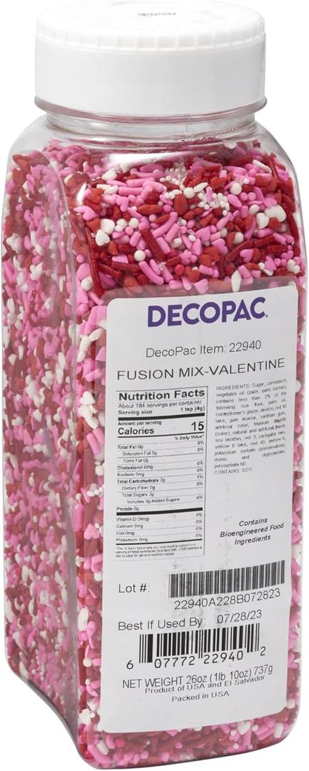 DecoPac Valentine Fusion Mix Sprinkles, 27oz, Pink, Red White Candy Sprinkles in Handheld Container, Edible Decorations For Celebration Cakes, Cupcakes, Cookies and Donuts