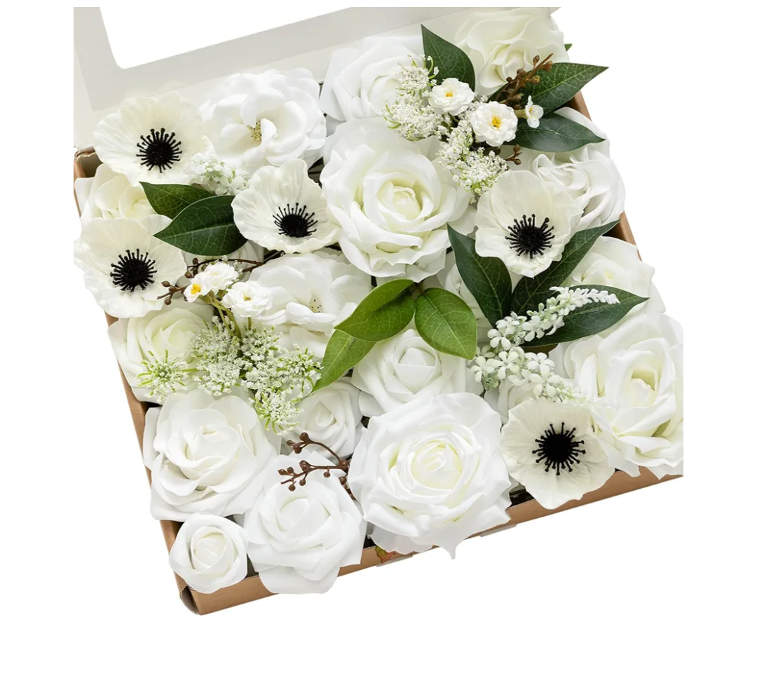 Ling's moment Fake Flowers Box, Faux Artificial Greenery Stems Foam Roses Poppy Silk Leaves Fabic Flower for Centerpieces Bouquet Wedding Vase Floral Decorations, White & Dark Green, Grand Combo
