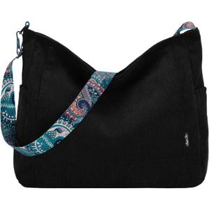 Chase Chic Corduroy Tote Bag for Women, Large Messenger Bag Crossbody Hobo Bag Convertible Shoulder Handbag for Work (Black)