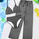 Girls Swimsuit V-Neck Halter Backless 3 Piece Bikini Sets with Cover Up Pants Stripe Bathing Suit for Girls 7-14 Years