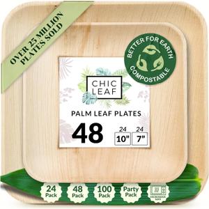 Chic Leaf Compostable & Biodegradable Palm Leaf Disposable Bamboo Plates - Disposable Party Plates for Appetizers - Camping Essentials & Birthday Decor - Reusable Party Supplies (10 & 7 Inch Square) (10" + 7" (Pack of 48))