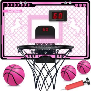 Indoor Basketball Hoop with Electronic Scoreboard and LED Light, Pink Over The Door Basketball Toy, for Kids Aged 4, 5, 6, 7, 8+Years Old