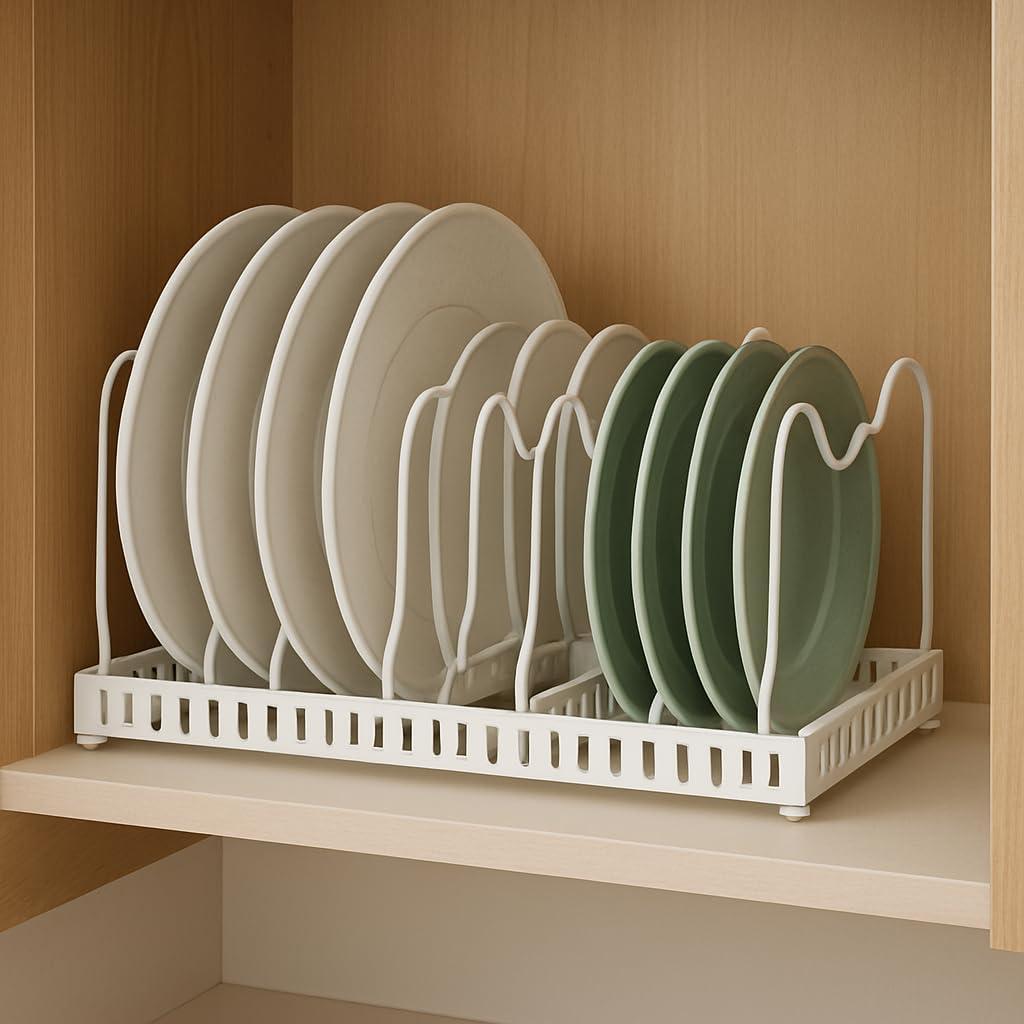 Eiqijci White Plate Stacker for Inside a Cabinet  Expandable 10-Slot Vertical Plate Organizer and Adjustable Dish Rack  Heavy-Duty Metal Cabinet Storage for Plates, Lids, and Cutting Boards