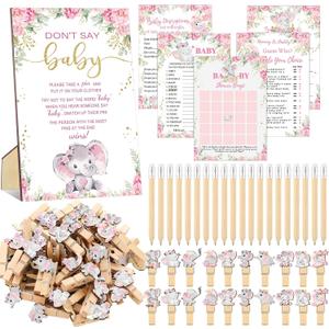 Patelai 321 Pcs Elephant Themed Baby Shower Decorations It's a Girl Pink Baby Shower Games 5 Set for Pink Elephant Theme Gender Reveal Girls Birthday Party Decorations Supplies