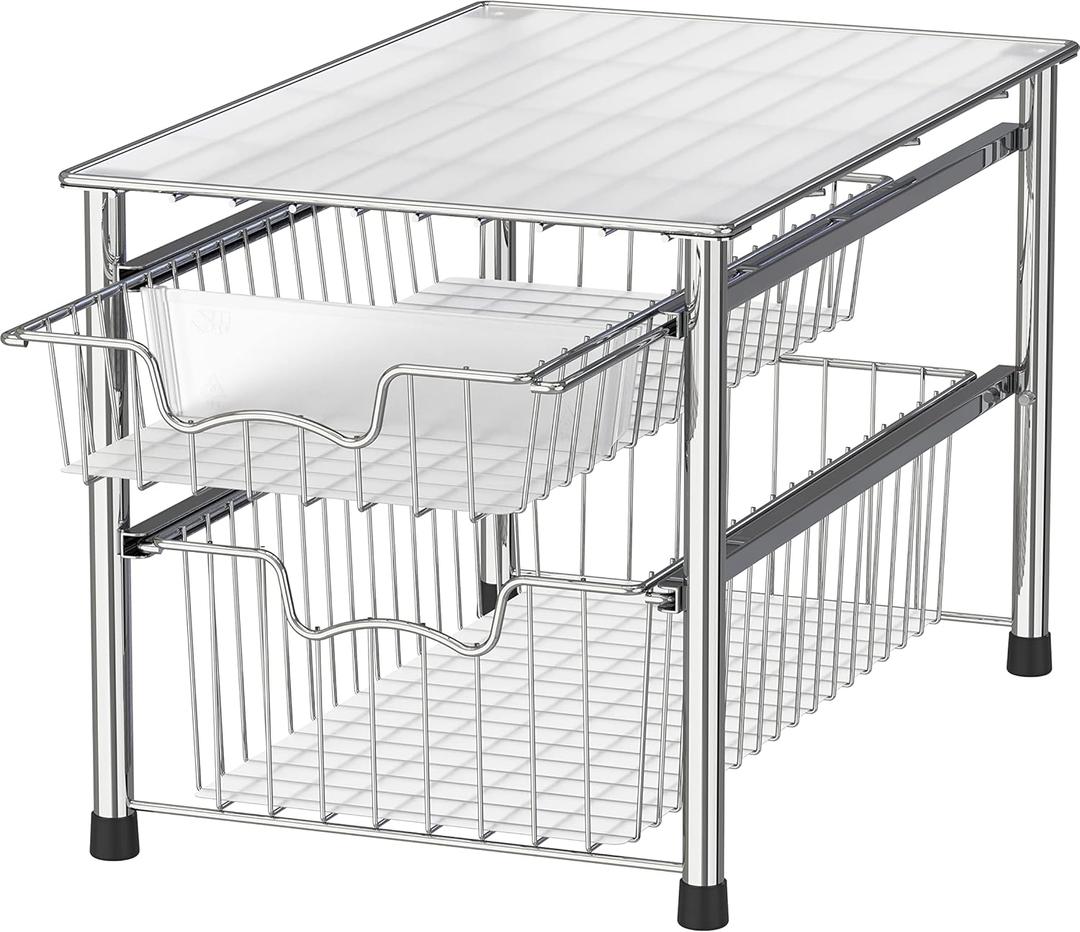 Simple Houseware Stackable 2 Tier Sliding Basket Organizer Drawer, Chrome