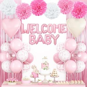 Pink Baby Shower Decorations for Girl,Welcome Baby Balloon Banner with Coquette Pink White Bow Balloons Fringe Curtains Paper Pom Poms for Baby Shower Gender Reveal Party Supplies