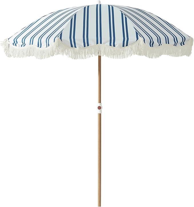 6.5FT Striped Beach Umbrella with Fringe, UPF 50+ Sun Protection, Adjustable Height and Tilt Design, Wind-Resistant Fiberglass Ribs, Sturdy Wood Grain Iron Pole, Lightweight & Portable with Carry Bag, Base Not Included