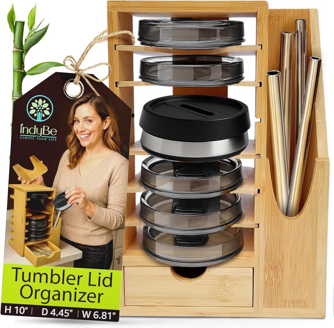 Bamboo Tumbler Lid Organizer  Space Saving Multi-Tier Storage Rack with Straw Holder and Gasket Drawer  Vertical Cup Lid Organizer for Cabinet, Kitchen Countertop - Single
