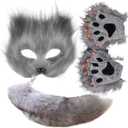 Valpeak Therian Mask and Tail Set for Girls Halloween Cat Mask Tail Cosplay Fox Mask Wolf Tail Over 1 Years Old (Gray Mask Set of 3)