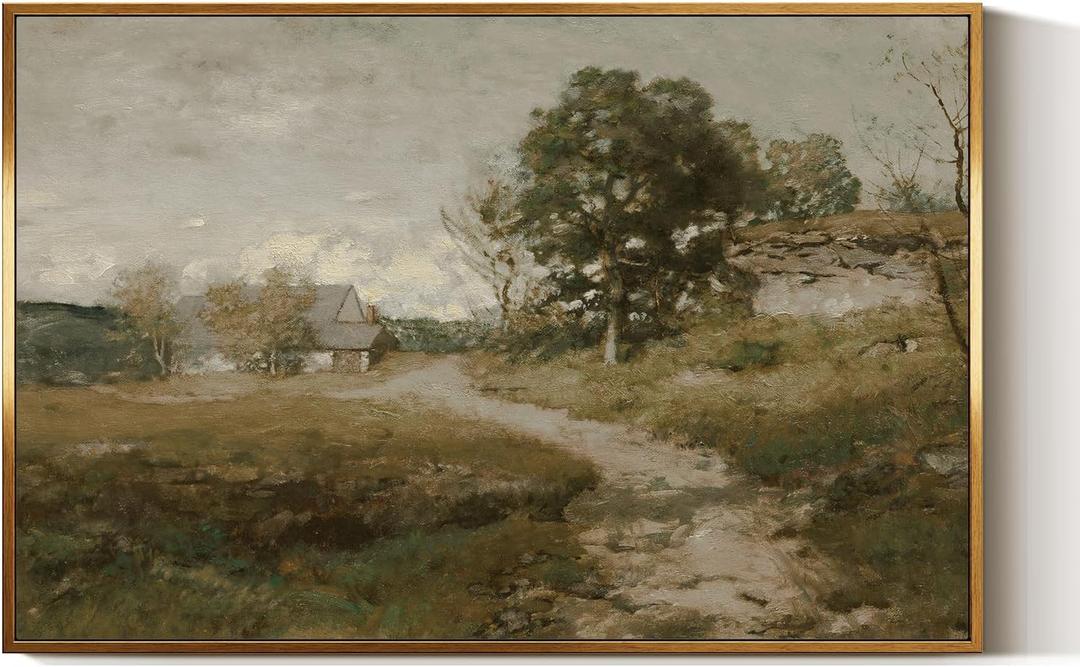 InSimSea Golden Framed Vintage Canvas Wall Art Arkville Landscape Rustic Country Road Home Decor 16x24in, Outskirts Classical Painting Prints for Livingroom Bedroom Wall Decor Nature Gallery Art